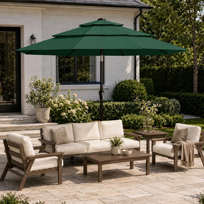 10ft Patio Umbrella, 3-Tier Vented Outdoor Table Umbrella with 8 Sturdy Fiberglass Ribs, Windproof Market Umbrella with Push Button Tilt and Crank, UV Protection for Deck, Pool, Forest Green