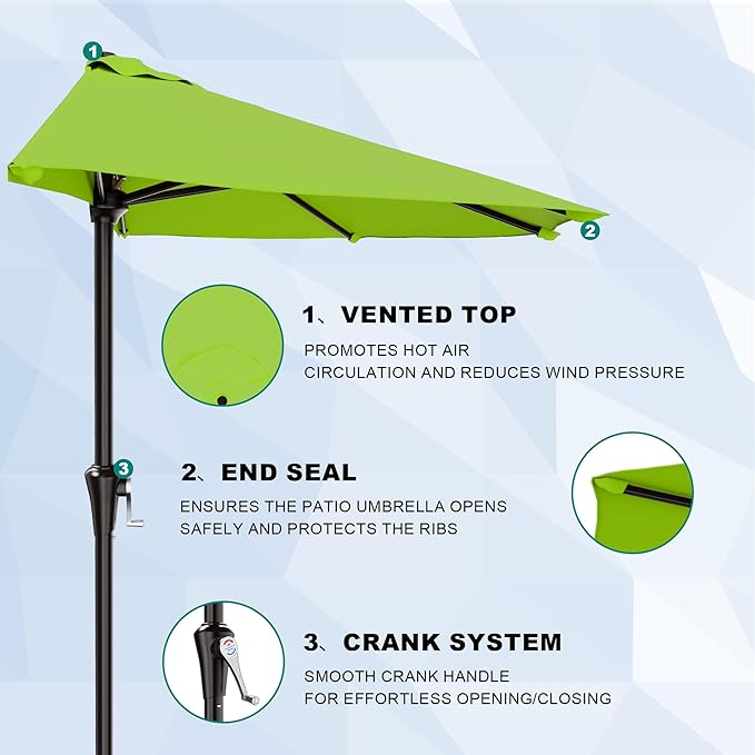 AreShark 9FT Half Patio Umbrella, Outdoor Wall Umbrella with Crank & 5 Sturdy Ribs, Table 1/2 Umbrella Patio for Garden, Deck, Balcony and Pool, Apple Green