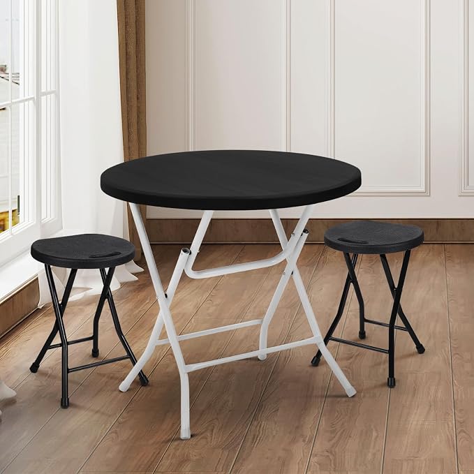 Athena Collection 2.6ft Folding Table, Portable Plastic Round Table Collapsible Card Craft Table with Steel Legs for Indoor Outdoor, Foldable Utility Dining Table for Commercial Camping Party, Black