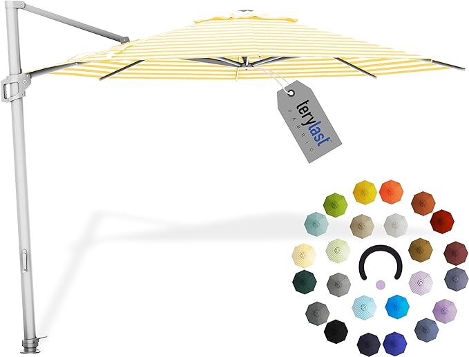 Midtown Umbrellas10 Ft Outdoor Cantilever Patio Umbrella w/Terylast Sunny Stripes Fabric - Rotate 360° Offset Patio Umbrella, Deck Patio Umbrella, Backyard Umbrella & Garden Umbrella - Silver Frame