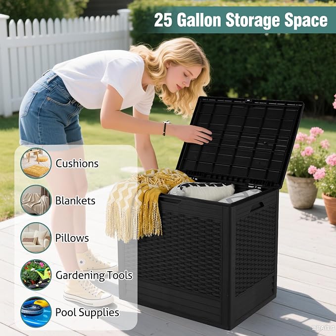 Giantex 25 Gallon Outdoor Storage Box, PP Deck Container with Rattan Patterns & Lockable Lid, All-Weather Patio Plastic Storage Bin for Package Delivery, Garden Tools, Patio Cushions (Black)