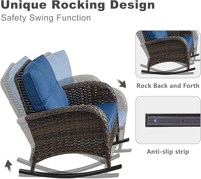 HUMMUH 5-Piece Outdoor Patio Furniture PE Wicker Patio Conversation Set,All-Weather Outdoor Rocking Chairs with Patio Couch Tables for Backyard,Poolside,Deck