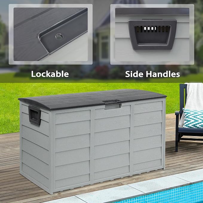 Crownland Modern Rectangular Deck Box, 75 Gallon Sun-proof Woodgrain Patio Storage Box for Garden, Balcony, Grey