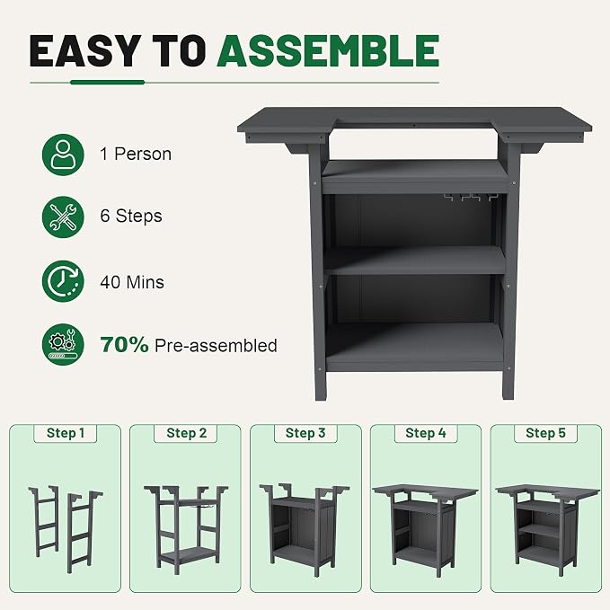 Domi Outdoor Bar Table, All-Weather HDPE Outdoor Kitchen Island with 4-Tier Storage Shelves, Patio Bar with Spacious Tabletop for Backyard, Poolside & BBQ, Grey