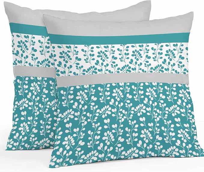 Teal Floral Outdoor Pillow Covers 24x24 Inch Throw Pillow Covers Set of 2 Waterproof Decorative Pillow Cases Botanical Blossom Motif Boho Grey Stripes Cushion Covers for Patio Furniture Garden Couch