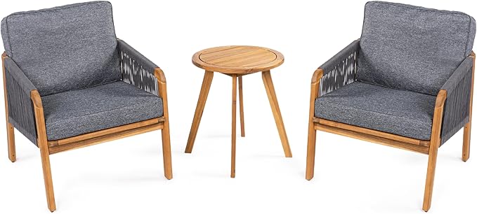 JONATHAN Y LVG1203B-3SET Aveiro 3-Piece Modern Bohemian Roped Acacia Wood Conversation Outdoor Patio Set with Cushions, Coastal, Contemporary, Transitional, Rustic, Cottage Gray/Teak Brown