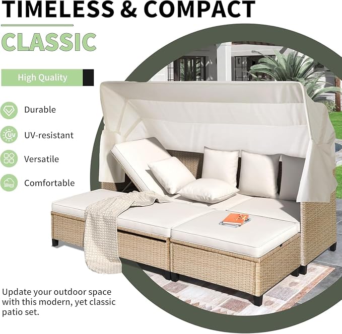 4 Piece Outdoor Patio Furniture Set Featuring Retractable Canopy Daybed, Adjustable Backrest Sectional Sofa and Chaise Chair Sunbed for Garden Poolside Backyard Lounge Area