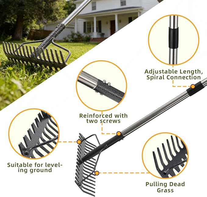 Bow Rake , 2-in-1 49in Metal Garden Lawn Rake for Weeding Digger Loosening Soil Raking Leaf Leveling Rocks Spreading Mulch Gravel 17 Tines Adjustable Garden RakeBow Rake (49 Inch)