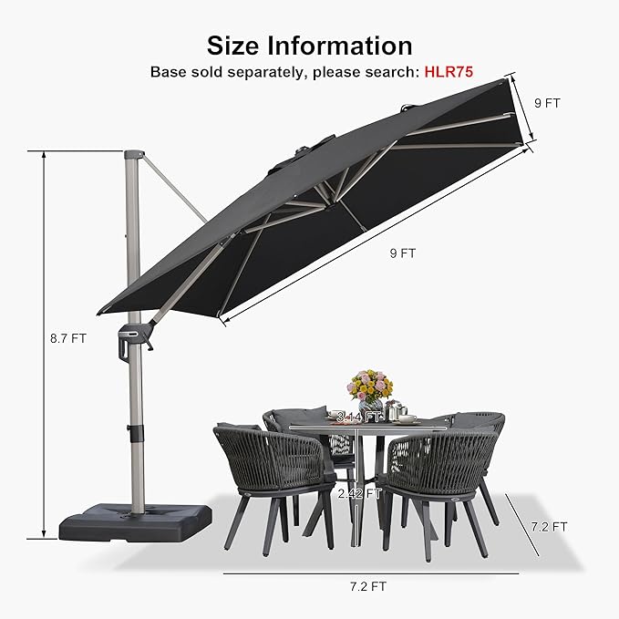 PURPLE LEAF 9’ X 9‘ Patio Umbrella Outdoor Cantilever Umbrella, Aluminum Offset Umbrella with Champagne Frame and 360° Rotation for Pool Deck Garden, Black
