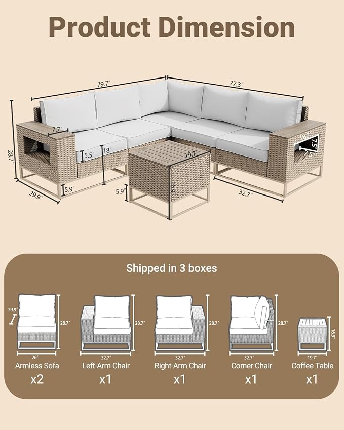Outdoor Patio Furniture Set 6-Piece PE Rattan Wicker Outdoor Sectional Sofa with Thickened Cushions and Chunky Arms, Modern Modular L-Shaped Conversation Set for Garden, Backyard, White