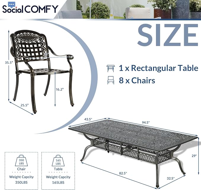 9-Piece Patio Cast Aluminum Dining Set, Outdoor Table and Chairs Set for 8, Includes 94.5" Rectangular Dining Table and 8 Chairs with Umbrella Hole, Patio Furniture Set for Lawn Garden