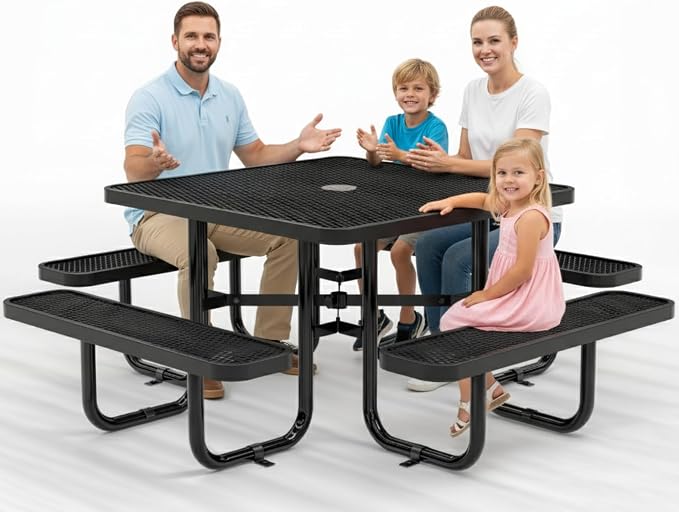 Metal Picnic Tables for Outdoors with Umbrella Hole - Coated Steel Heavy Duty Commercial Grade Furniture (Black, 46 in, Square, Expanded Steel)