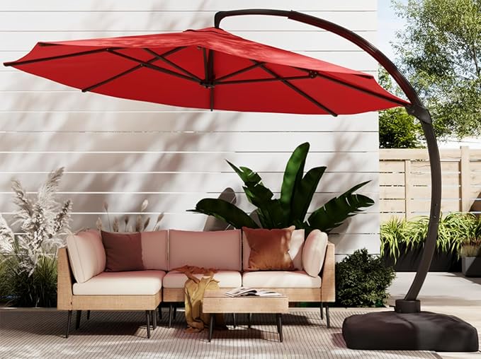 ENSTVER 11FT Cantilever Patio Umbrella With Base Included, Round Large Aluminum Outdoor Cantilever, Heavy Duty Offset Umbrella with 360°Rotation for Pool, Deck, Backyard, Garden(Red)