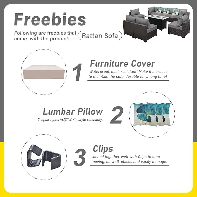 9 Pieces Wicker Patio Furniture Set Outdoor PE Rattan Sectional Conversation Sofa Set with Grey Cushions and 45 Gas fire Pit Table