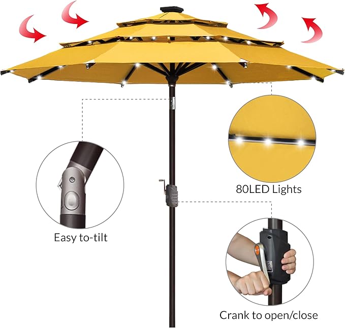 EliteShade USA 10-Year-Non-Fading 9ft 3-Tier Market Patio Umbrella, Commercial Table Umbrella with 80 Solar LED Lights, Crank Open, Windproof & UPF 50+ UV Protection for Garden, Deck, Pool, Backyard, Sunflower Yellow