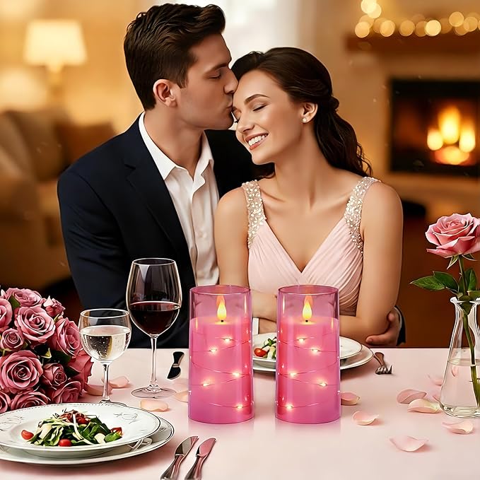 Homemory Flameless Pink Candles with Embedded Star String Fairy Lights, Battery Operated Candles, LED Candle, Fake Candles with Remote Control and Timer, Set of 2(H 6" 6")