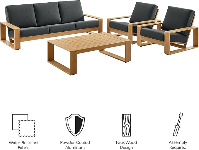 Modway Lirienne Aluminum Faux Wood 4-Piece Outdoor Furniture Set in Charcoal Natural – Patio Conversation Set with 3-Seater Sofa, 2 Armchairs & Coffee Table