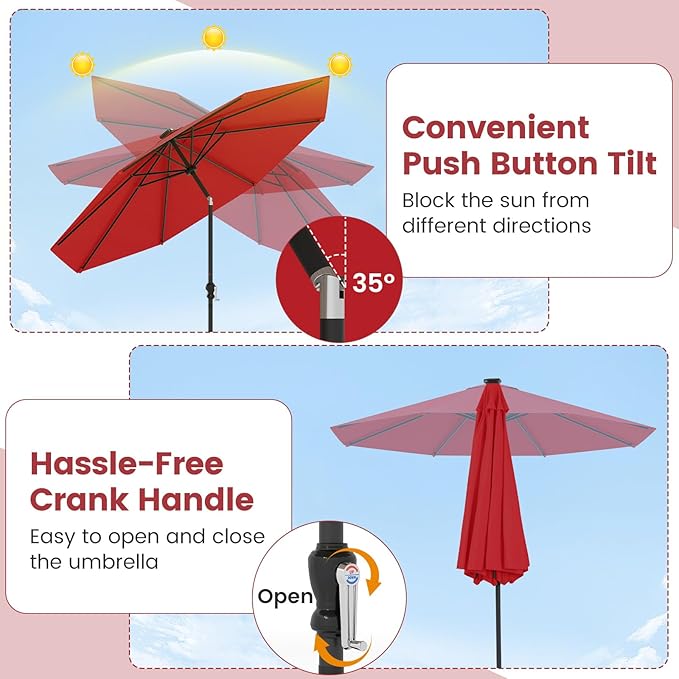 Tangkula 10 FT Solar Patio Umbrella, Outdoor Market Table Umbrella with 96 Multi-Colored Flowing LED Lights, 9 Modes, Tilt Adjustment, Crank Handle, 8 Ribs, Vented Top for Backyard Poolside Deck Lawn