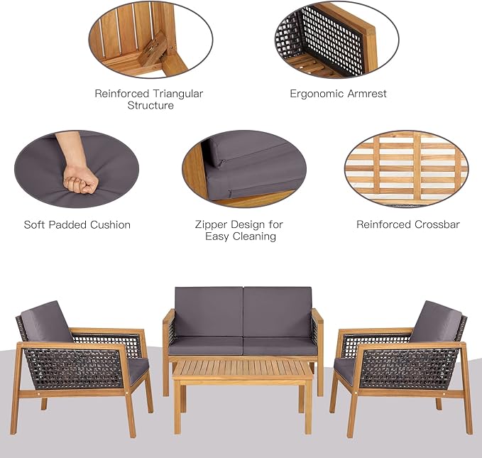 8 Pieces Outdoor Acacia Wood Furniture Set, Outdoor PE Wicker Conversation Set with Coffee Table and Soft Cushions, Outdoor Sofa Set for Garden, Poolside and Backyard (2, Grey)