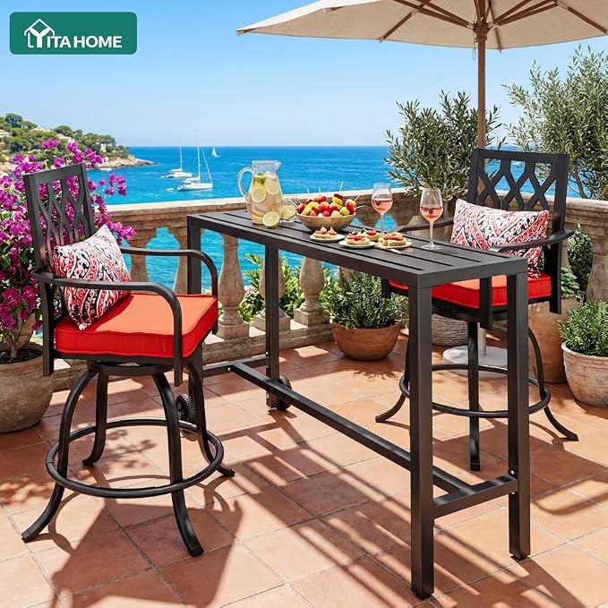 YITAHOME Outdoor Bar Table, 55" Narrow Metal Patio Bar Height Table, Rectangle Console Table with Wheels, Tall Counter for Garden Poolside, Black
