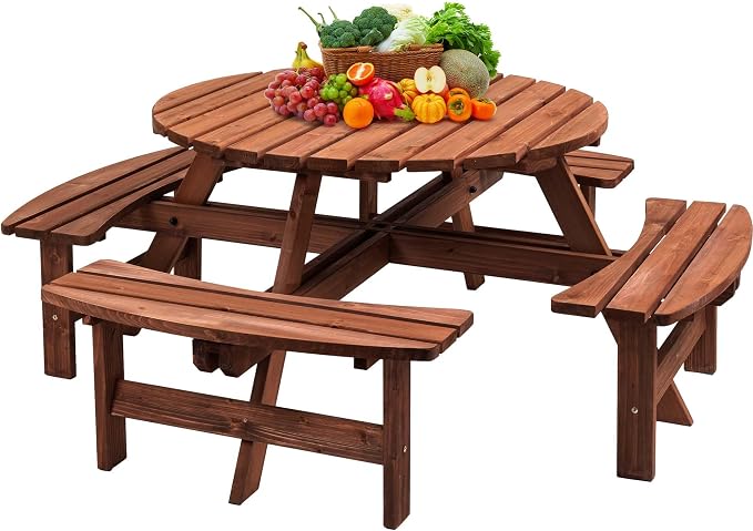 Outdoor Picnic Table for 8 Person, Wooden Picnic Tables with 4 Built-in Benches and Umbrella Hole Outside Table and Bench Set Round Picnic Table for Garden, Backyard, Porch,Patio （Natural