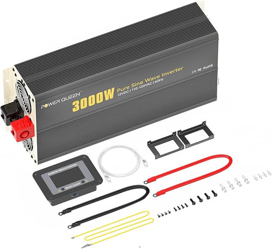 Power Queen 3000W Pure Sine Wave Inverter, Solar Power Inverter 12V DC to 110V-120V AC Converter with Remote Control, 6000W Surge Power, 4 AC Outlets USB Type-C for Home RV Off-Grid Solar Power