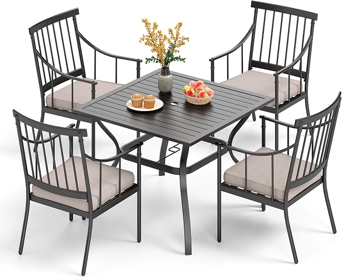 PHI VILLA 5-Piece Patio Dining Set, 37" Square Steel Table, Fixed Chairs | Cushions Chairs, Umbrella Hole, All-Weather Use