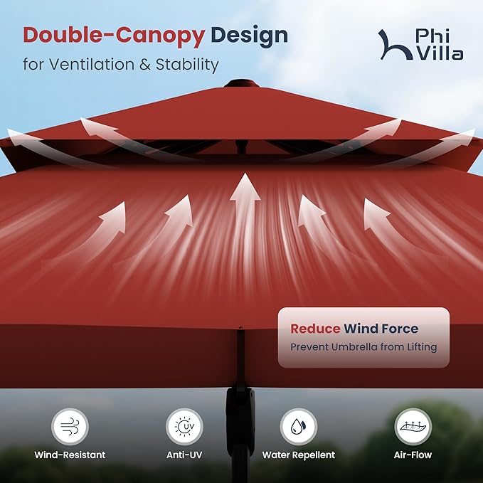 PHI VILLA 9' X 12' Cantilever Patio Umbrella with Base, Outdoor Large Rectangular Umbrellas with 360°Rotation, Heavy Duty Hydraulic Double Umbrella Windproof for Outside, Red