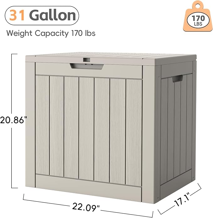 LubanNese Outdoor Storage Box, Waterproof Deck Box, Outdoor Patio Storage Bin, Weatherproof (Grey, 31 Gallon)