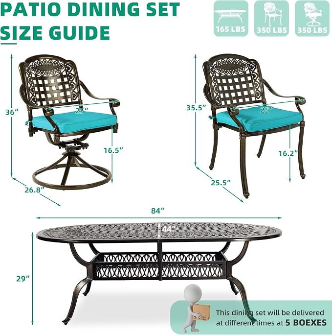 VIVIJASON 9-Piece Patio Furniture Dining Set, All-Weather Cast Aluminum Outdoor Conversation Set, Include 6 Stationary Chairs, 2 Swivel Dining Chairs, Oval Table with Umbrella Hole, Ocean Blue Cushion
