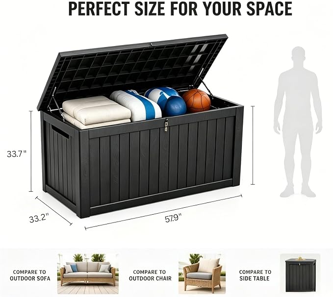 270 Gallon Outdoor Storage Box, Waterproof Resin Deck Container with Lockable Lid, Patio Organizer for Cushions & Garden Tools, Matte Black