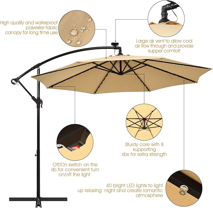 Tangkula 10 Ft Patio Offset Umbrella, 40 LED Lighted Market Umbrella W/8 Sturdy Ribs, Easy Tilt Adjustment & Crank, Polyester Shade, Ideal for Backyard, Garden, Seaside, Store, Pool (Beige)