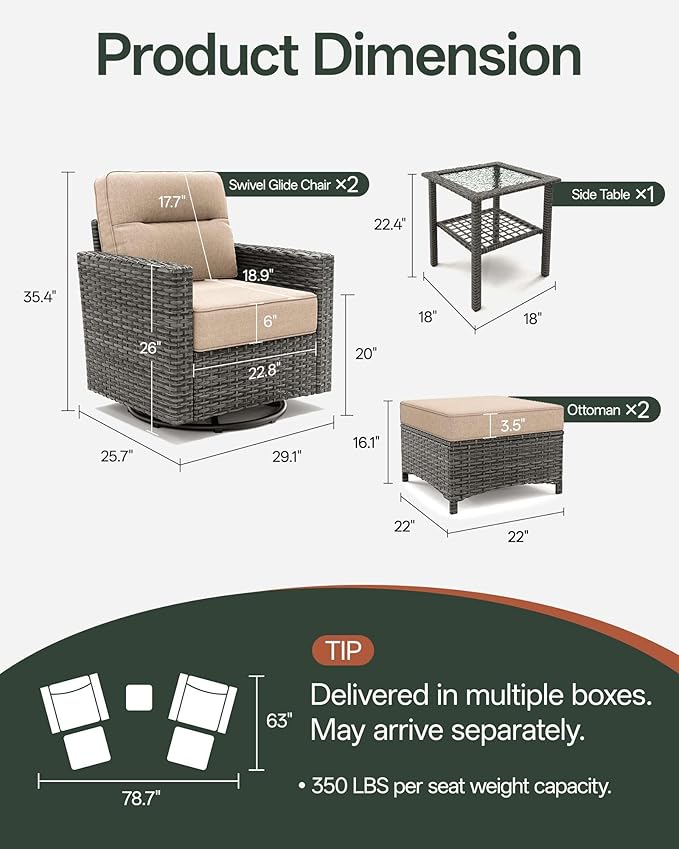 Luxury 5-Piece Patio Furniture Set with 6-Inch Thick Cushions, Outdoor Swivel Rocker Chairs and Table, Wicker Conversation Set for Porch, Deck, Balcony, Yard in Beige
