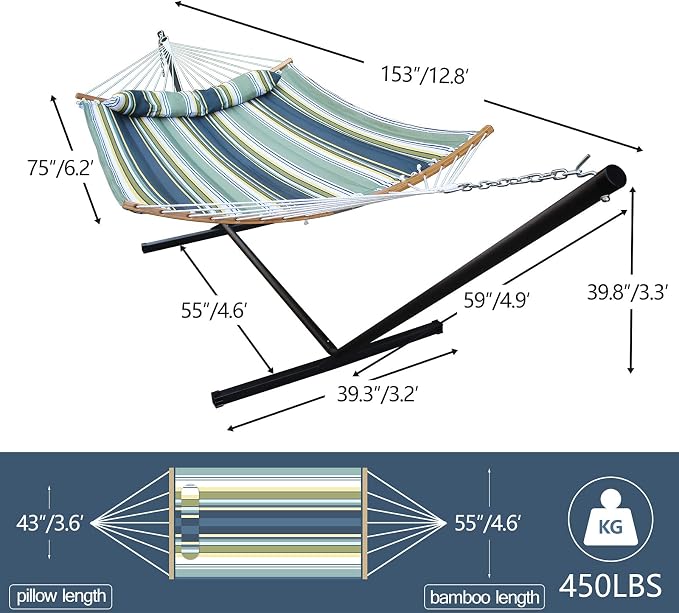 Hammock with 12.8 Feet Stand & Curved Bamboo Spreader Bar Double Hammocks 2 Person Heavy Duty Max 450lbs Capacity, Navy Blue&Aqua