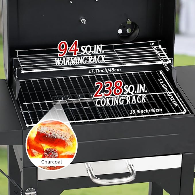 MASTER COOK Charcoal Grills with Two Side Tables, 332 SQIN Cooking Area Outdoor Smoker Barbecue bbq grill for Camping, Patio,Backyard Party, Picnic, Black