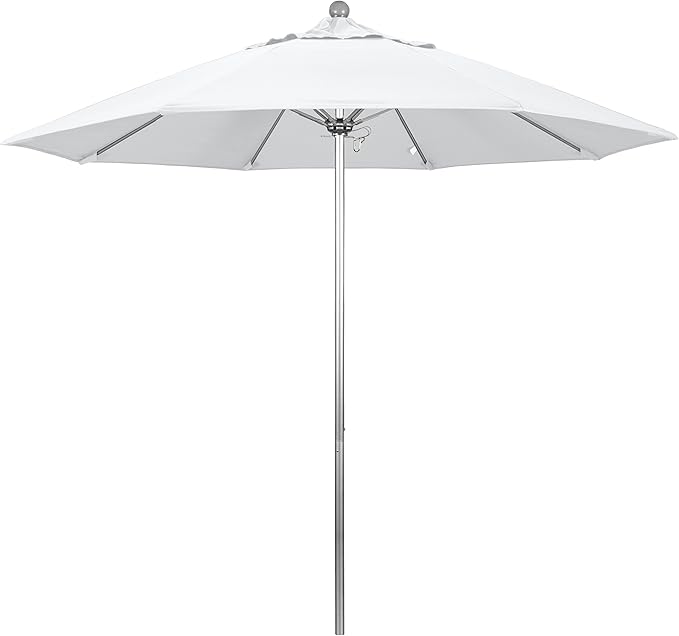 California Umbrella 9' Round Aluminum/Fiberglass Umbrella, Push Open, Silver Pole, Olefin White Fabric