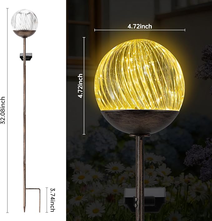 Solar Globe Stake Lights - Twinkle Effect Outdoor Acrylic Ball Garden Lights with 20 LED, IP44 Waterproof,Metal H-Shaped Ground Spike for Yard, Pathway, Patio Decor (Bronze Stake, 2 Pack)