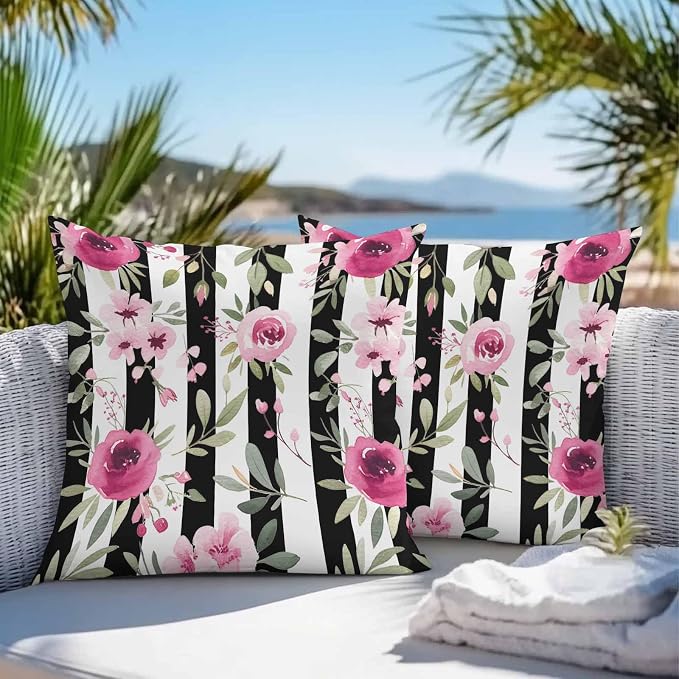 Vandarllin Outdoor Throw Pillows Covers 16x16 inch Set of 2 Waterproof Pink Flowers Decorative Zippered Cushion Covers for Patio Furniture, Floral Leaves Black Stripes Lumbar Pillowcases