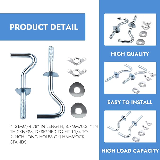 No Rust 3/8 Inch Diameter 2 Pcs Hammock Hooks Galvanized Zinc Hook Heavy Duty Metal Indoor Outdoor Hammocks Replacement Silver Hooks for 1-1/4 to 2 Inch Stand Holes Home Hardware Accessories
