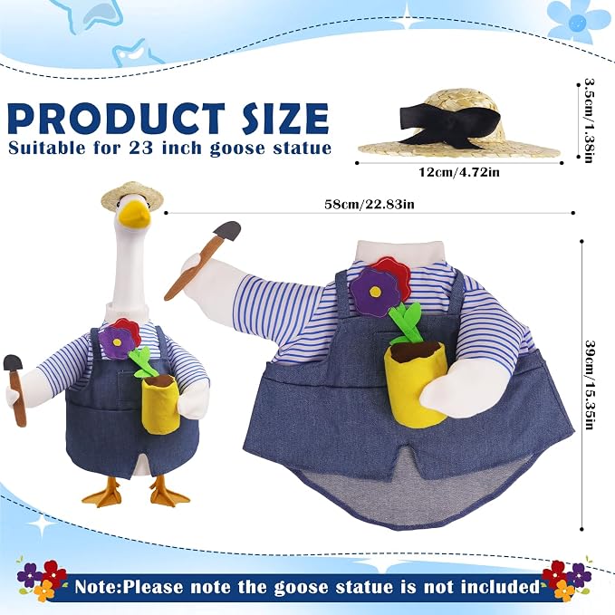 Erythem Gardener Porch Goose Outfits, Cute Spring Porch Goose Clothes with Straw Hat, Shovel & Flower Pot Fits 23" Cement Plastic Geese Statue for Outdoor Garden Yard Decor