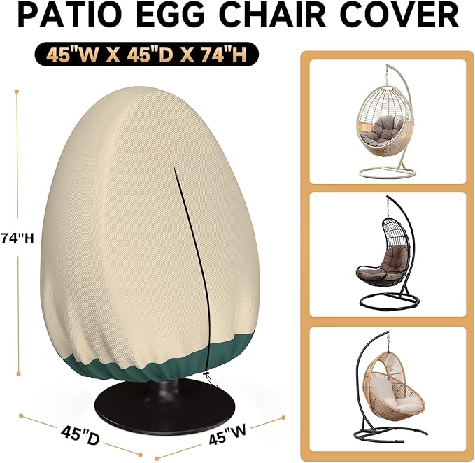 Patio Hanging Egg Chair Cover Waterproof - 420D Heavy Duty Outdoor Single Seat Wicker Swing Egg Chair with Zipper, All-Season Protector Fits 45"W Swing/Egg Chairs,Beige&Green