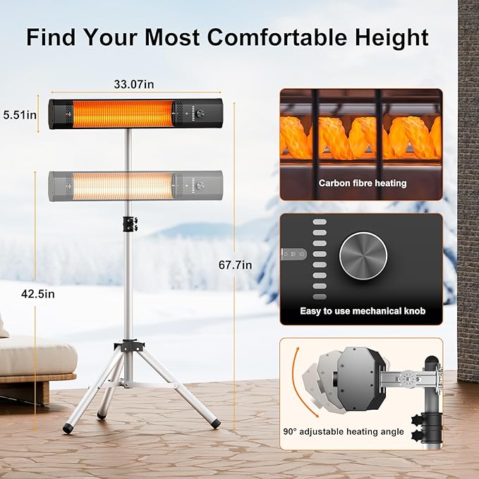 Outdoor Patio Heater w/Remote, Infrared Electric Heater with Tripod, 68''Adjustable Height, 9H Timer&Child Lock, IP65 Waterproof,Tip-Over&Overheat Protection, 1500W, Super Quiet For Outdoor/Indoor Use