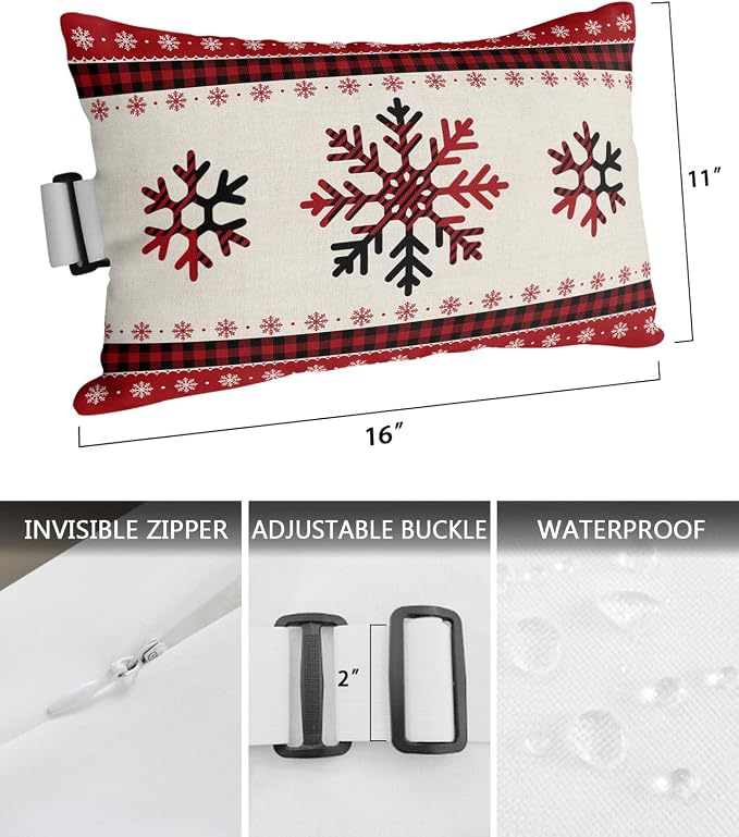 Outdoor Pillows Covers with Inserts Christmas Snowflake Red and Black Buffalo Plaid Waterproof Pillow with Adjustable Strap Throw Pillows for Patio Furniture Recliner Lounge Chair, 11x16 inch, 1PCS