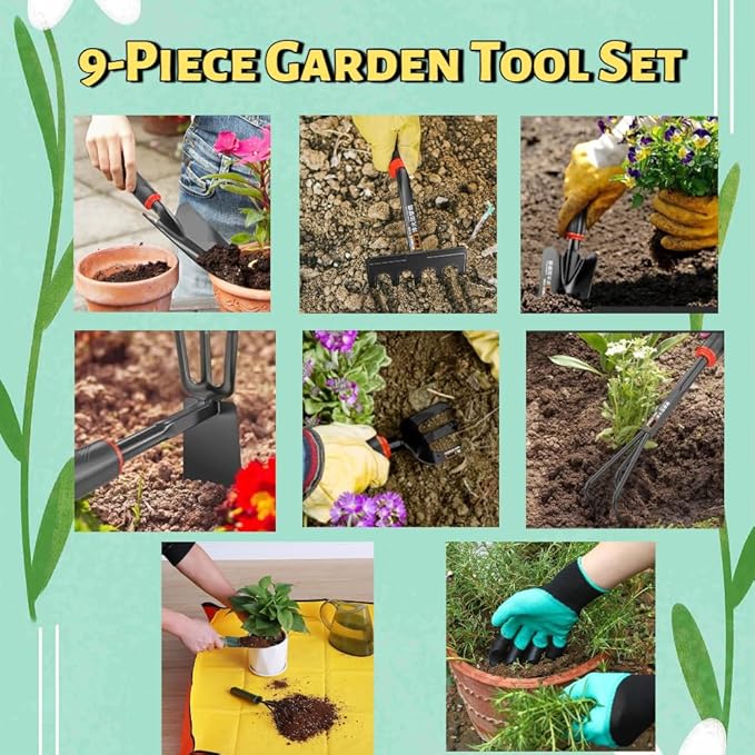 9-Piece Premium Garden Tool Set, Heavy-Duty Rust-Proof Gardening Kit with Ergonomic Handles, Waterproof Repotting Mat & Storage Case, Perfect Gardening Gifts for Women, Men and Plant Lovers