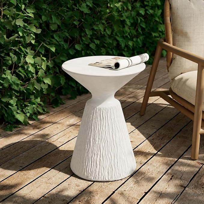 SUNBURY Outdoor Side Table, Concrete End Table Mushroom Shaped, Round Outdoor Accent Table Marble Planter Stand, Decorative Garden Stool for Patio, Porch, Living Room, White