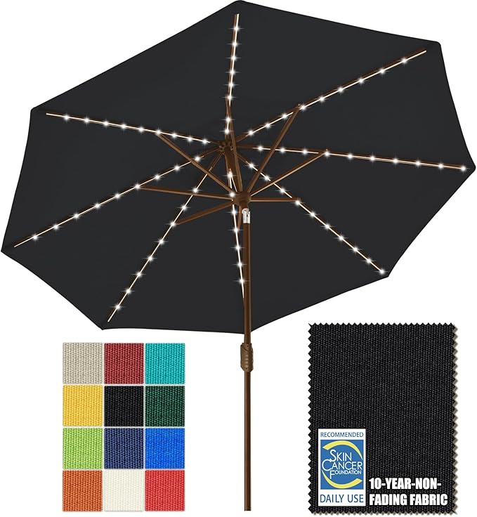 EliteShade USA 10-Year-Non-Fading 9ft Market Patio Umbrella, Commercial Grade Table Sun Umbrella with 80 Solar LED Lights, Crank Open, Windproof & UPF 50+ UV Protection for Garden, Deck, Pool, Backyard, Black