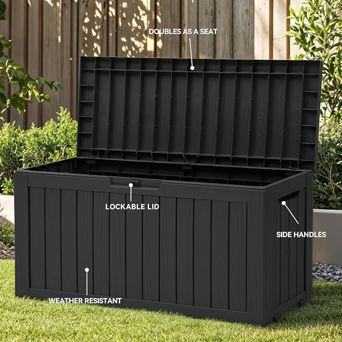72 Gallon Outdoor Storage Box with Wheels Resin Deck Box for Indoor Outdoor Patio Throw Pillows Athletic Gear Black