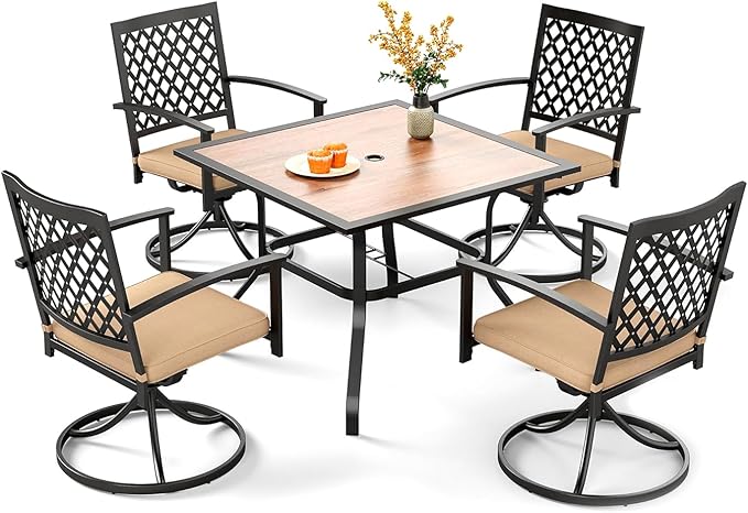 PHI VILLA Patio Dining Set for 4, Swivel Chairs& 37" Square Steel Table | Table w/ Polywood Tabletop&Swivel Wrought Iron Chairs with Cushions, Outside Furniture Set for Patio, Deck, Yard, Porch