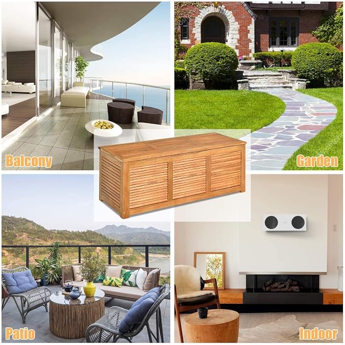 LDAILY Moccha Garden Backyard Storage Bench, Large Acacia Wood Deck Box, Outdoor Storage Container for Patio Furniture Cushions and Gardening Tools