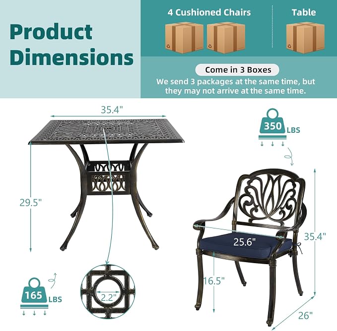 MEETWARM 5-Piece Outdoor Patio Dining Set, All-Weather Cast Aluminum Patio Conversation Set for Backyard Garden Deck with 4 Chairs, 4 Cushions and 35.4" Square Table, 2.2" Umbrella Hole, Navy Blue